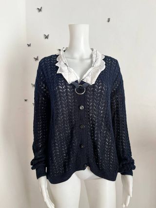 Blusa de punto vintage azul y blanco Talla XL