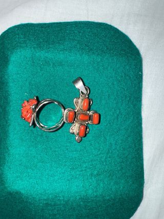 Anillo y Colgante Coral Rojo y Plata(925