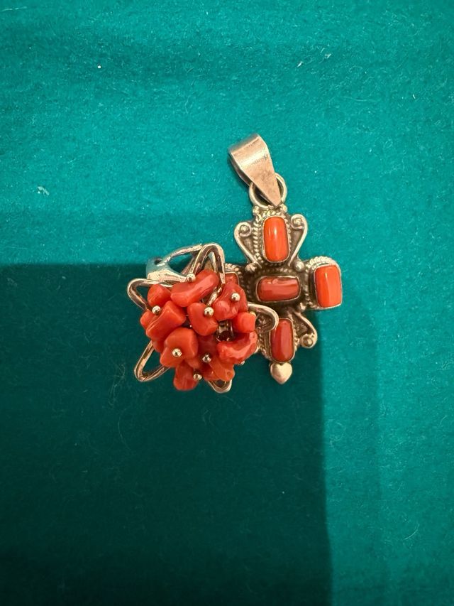 Anillo y Colgante Coral Rojo y Plata(925