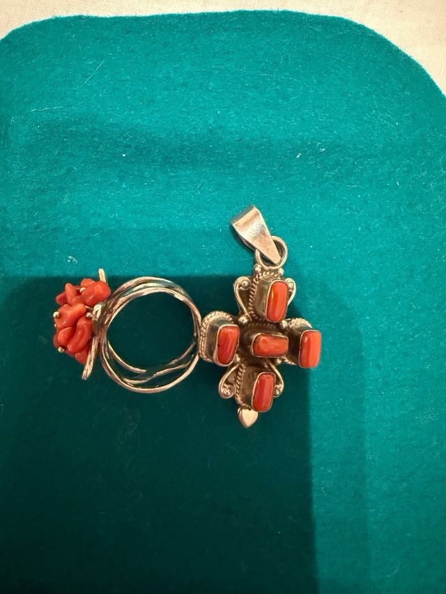Anillo y Colgante Coral Rojo y Plata(925