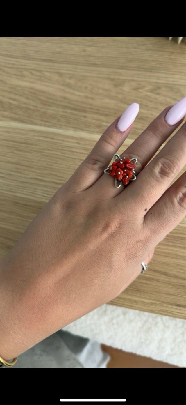 Anillo y Colgante Coral Rojo y Plata(925