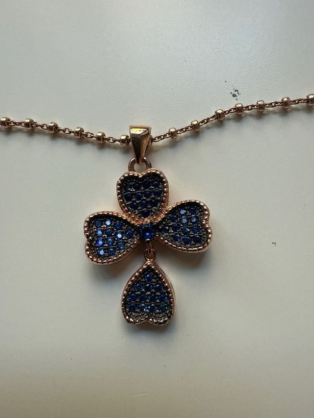 Collar trébol de cuatro hojas azul y oro(plata925