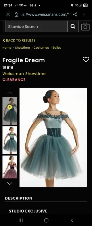 Traje de ballet gris/verde azulado marca weissmans
