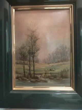 Cuadro Óleo Marco Verde Dorado Paisaje