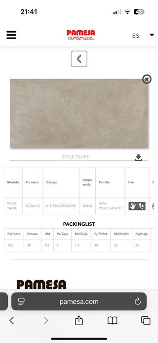 Azulejos Pamesa Style Taupe 30,3x61,3
12m2