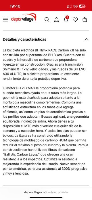 Bicicleta BH Ilynx RACE Carbon 7.8 Eléctrica
