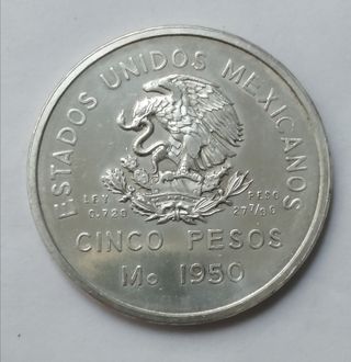 MONEDA 5 PESOS 1950 FERROCARRIL MEXICO EBC+