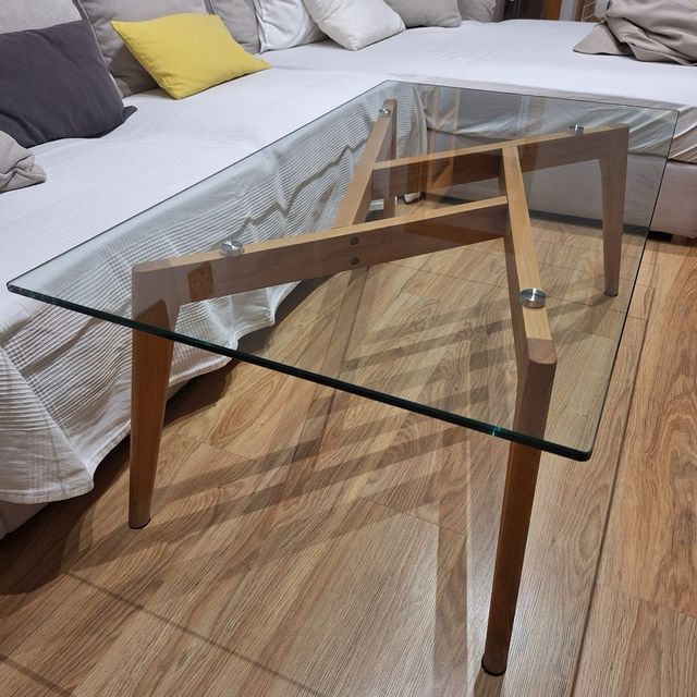 Mesa centro cristal y madera