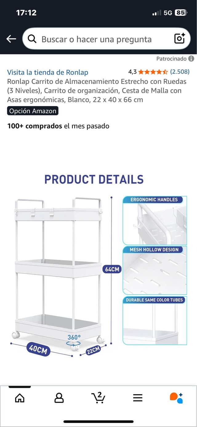 Carrello di stoccaggio bianco a 3 livelli. Rif. 105.