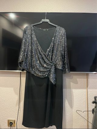 Vestido fiesta lentejuelas negro y plata