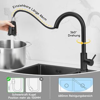 ✓ Grifo Cocina Extensible 360° Negro