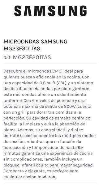 Microondas Samsung MG23F301TAS