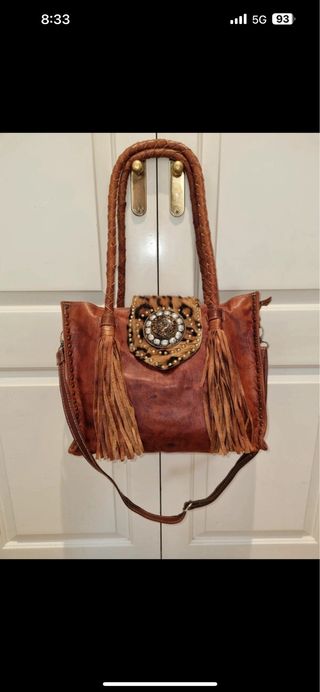 Bolso Cuero Piel Piedra Tachuelas Flecos