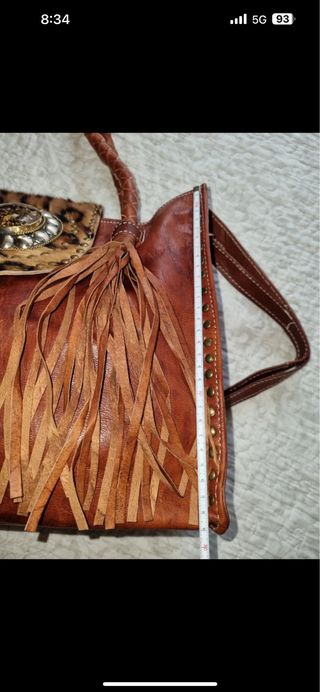 Bolso Cuero Piel Piedra Tachuelas Flecos