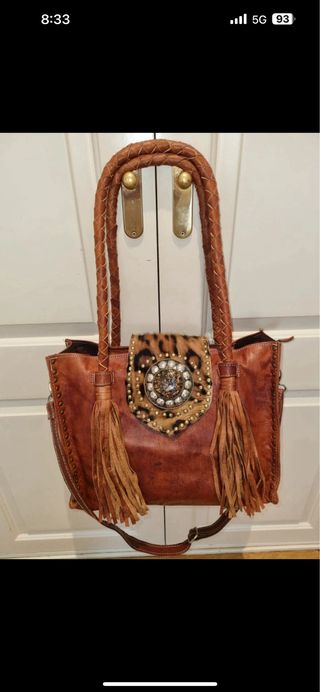 Bolso Cuero Piel Piedra Tachuelas Flecos