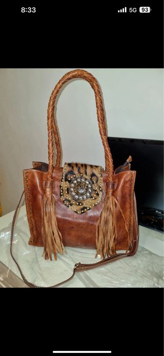 Bolso Cuero Piel Piedra Tachuelas Flecos