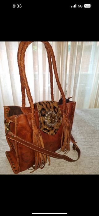 Bolso Cuero Piel Piedra Tachuelas Flecos