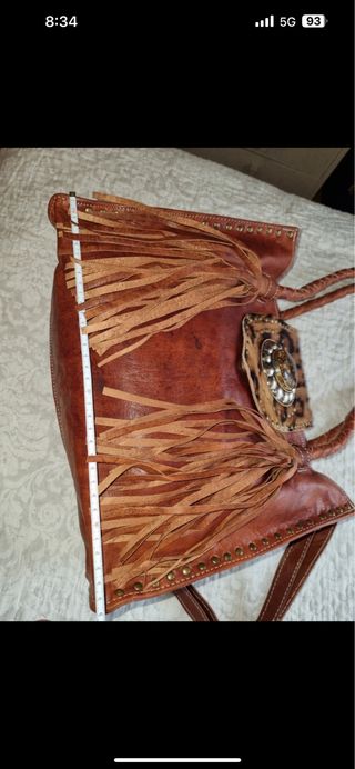 Bolso Cuero Piel Piedra Tachuelas Flecos