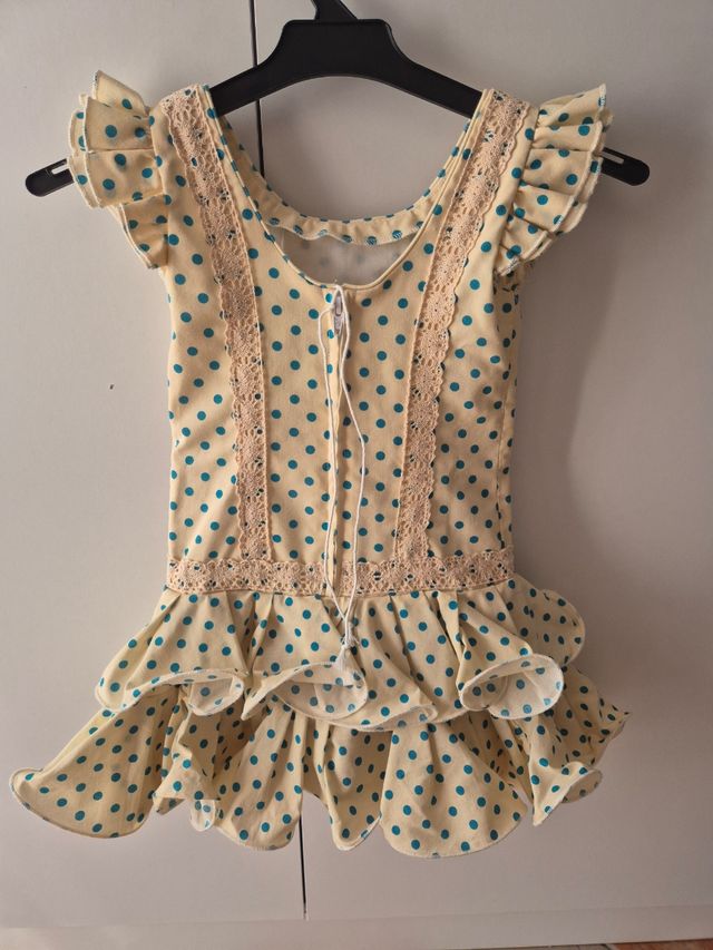 Vestido flamenca niña beige y lunares agua marina