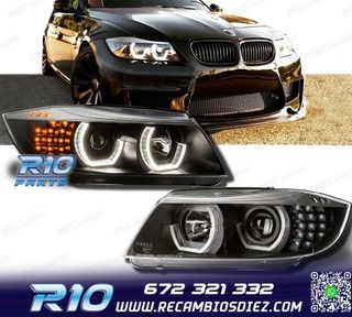 FAROS BMW E90 E91 OJOS ANGEL LED 3D FONDO NEGRO 05-08
