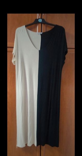 Vestido bicolor beige y negro talla grande
