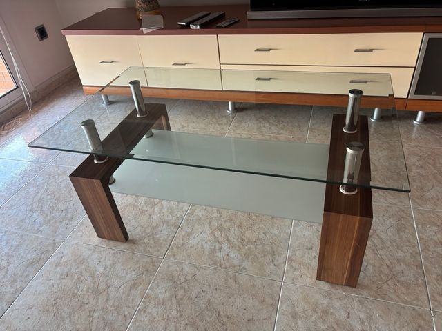 Mesa de centro cristal y madera
