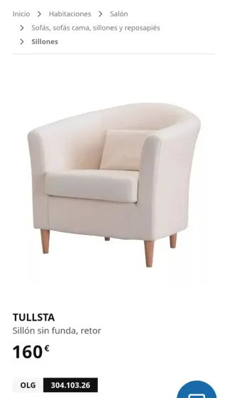 Sillón IKEA Blanco con funda lavable, patas madera