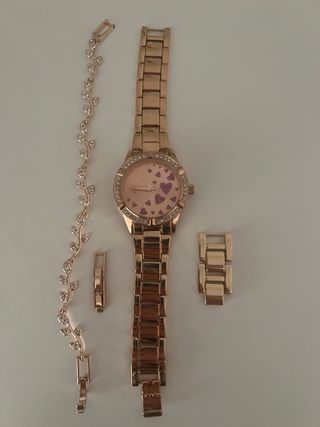 Reloj y pulsera oro rosa con corazones