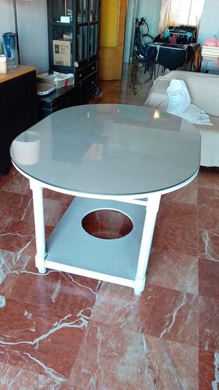 Mesa Camilla Redonda Cristal y Tela Beige