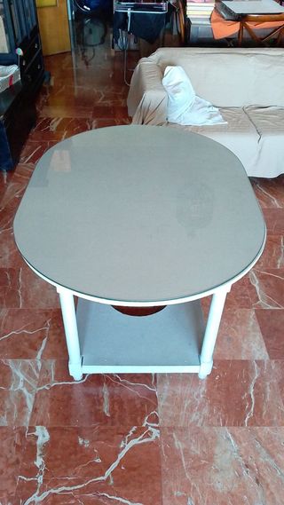 Mesa Camilla Redonda Cristal y Tela Beige