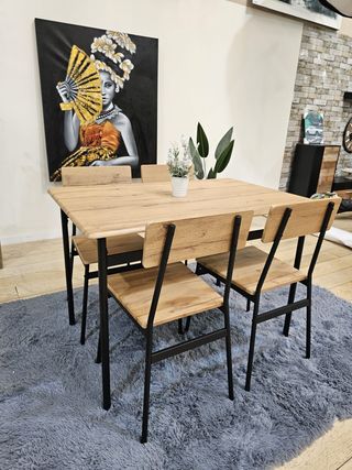 Mesa comedor madera y forja + 4 sillas