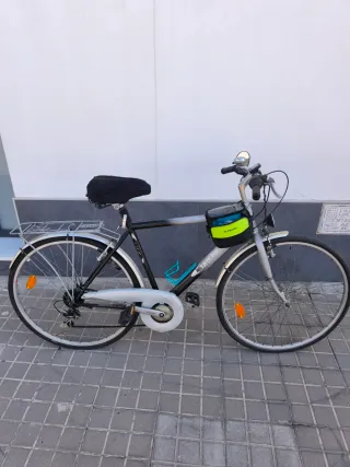 Bicicleta urbana negra y gris con cesta