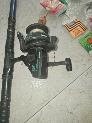 Caña de pescar con carrete y accesorios