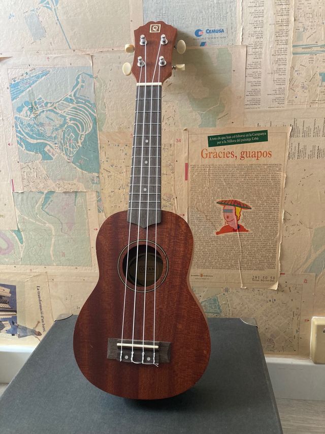 Ukelele marrón con funda