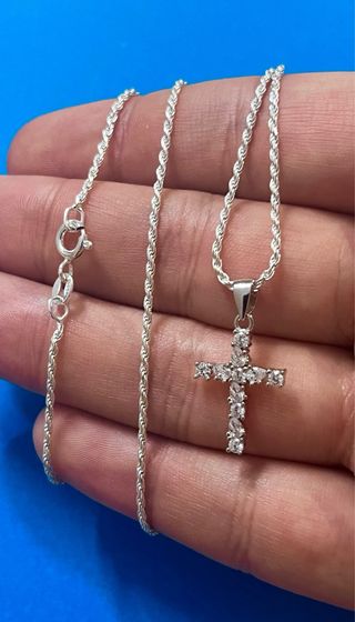 Elegante Collar Cadena Cordon Y Cruz Plata 925