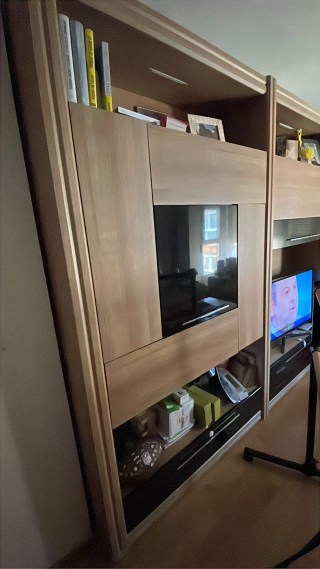 Mueble salón modular madera y cristal