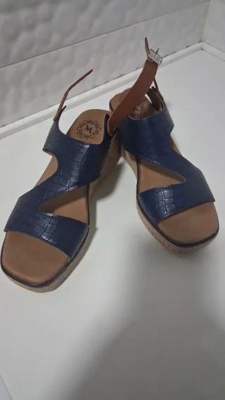 Sandalias cuña azul y marrón