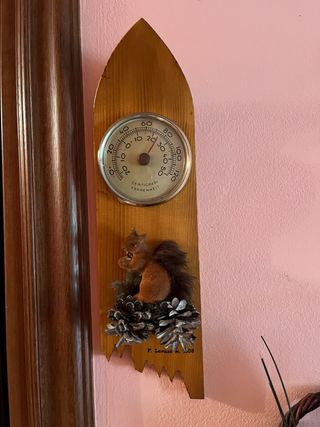 Termometro vintage in legno con scoiattolo