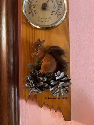 Termometro vintage in legno con scoiattolo