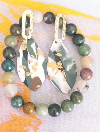 Bracciale Agata Indiana e Orecchini Foglia Oro