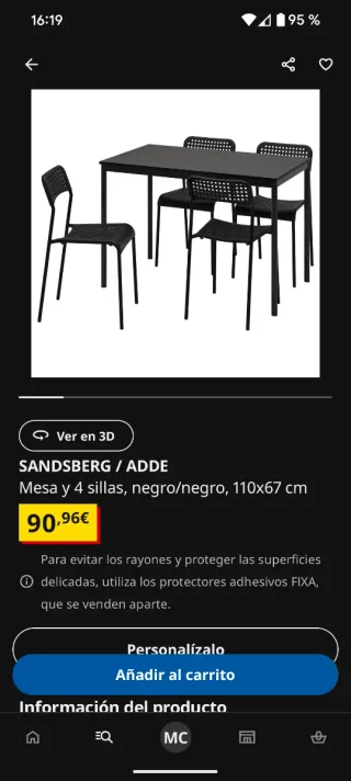 Mesa de cocina y 4 sillas negras