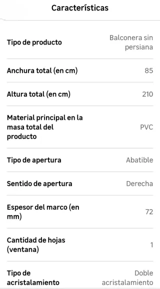 Ventana balconera PVC blanca 85x210 Oscilobatiente