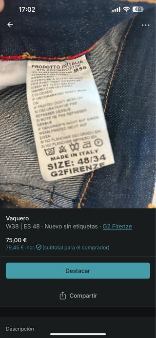 Vaqueros G2 Firenze Talla 48/34 Azul