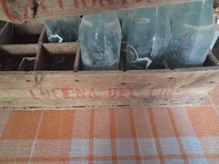 Caja antigua de madera con botellas de cristal