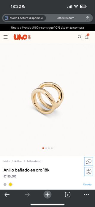 Anillo UNO de 50 bañado en oro 18k