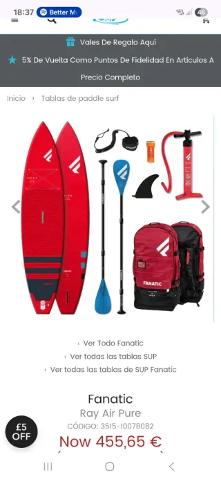 Tabla Paddle Surf Fanatic inflable Roja 11,6 x 31