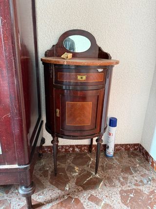 Mesita de noche antigua de madera y mármol vintage