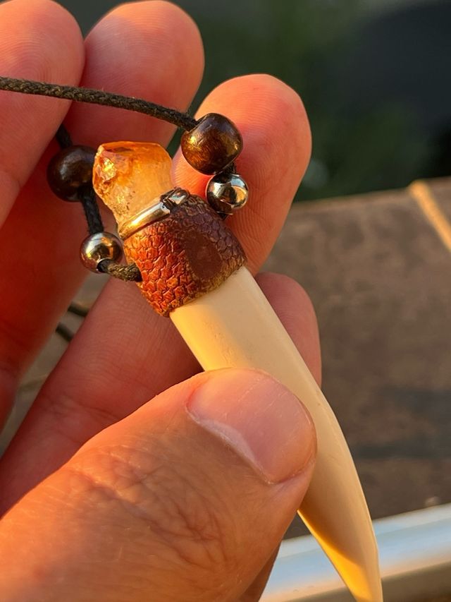 Colgante amuleto diente caimán turquesa y citrino