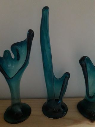 Juego 3 Jarrones/Figuras Decorativas Cristal Azul