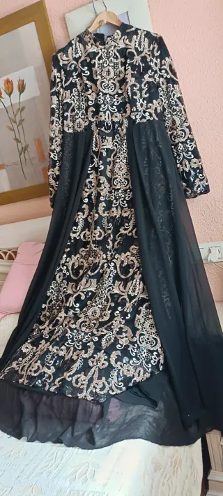 Vestido Novia/Ceremonia Árabe Negro Dorado Tall 52